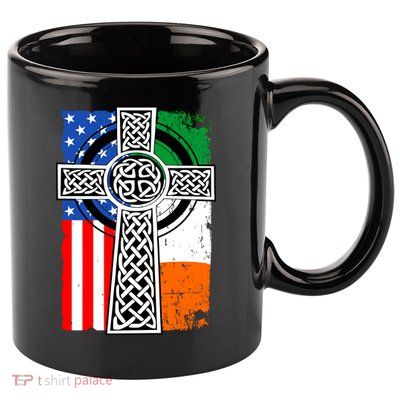 Irish American USA Flag Celtic Cross St Patrick's Day 11oz C Handle Ceramic Mug