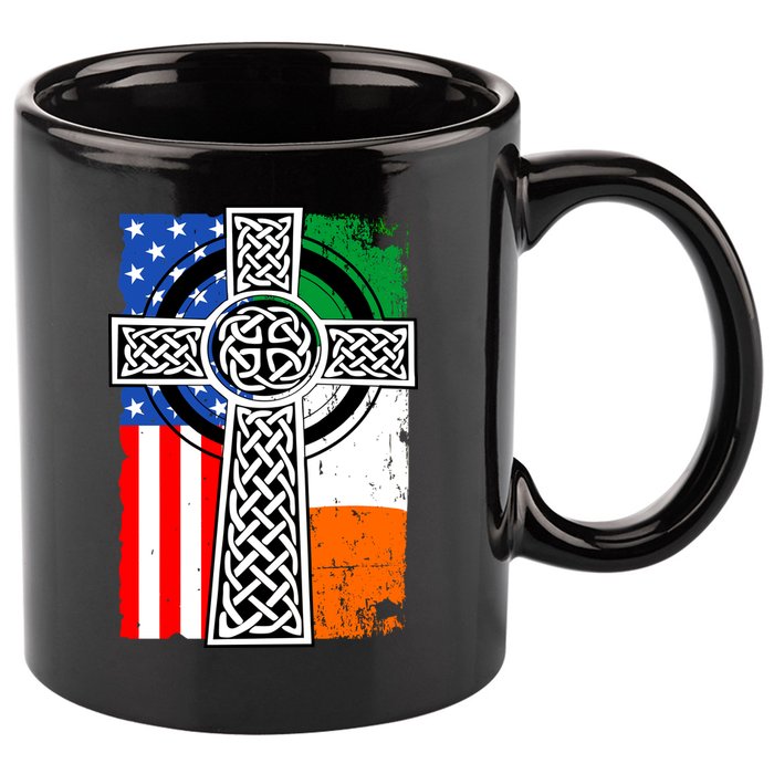 Irish American USA Flag Celtic Cross St Patrick's Day 11oz C Handle Ceramic Mug