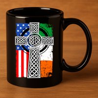 Irish American USA Flag Celtic Cross St Patrick's Day 11oz C Handle Ceramic Mug