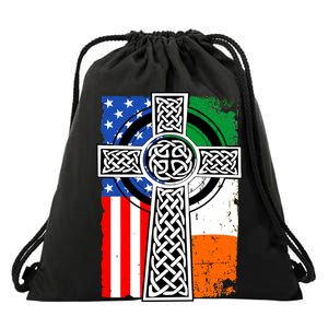 Irish American USA Flag Celtic Cross St Patrick's Day Drawstring Bag