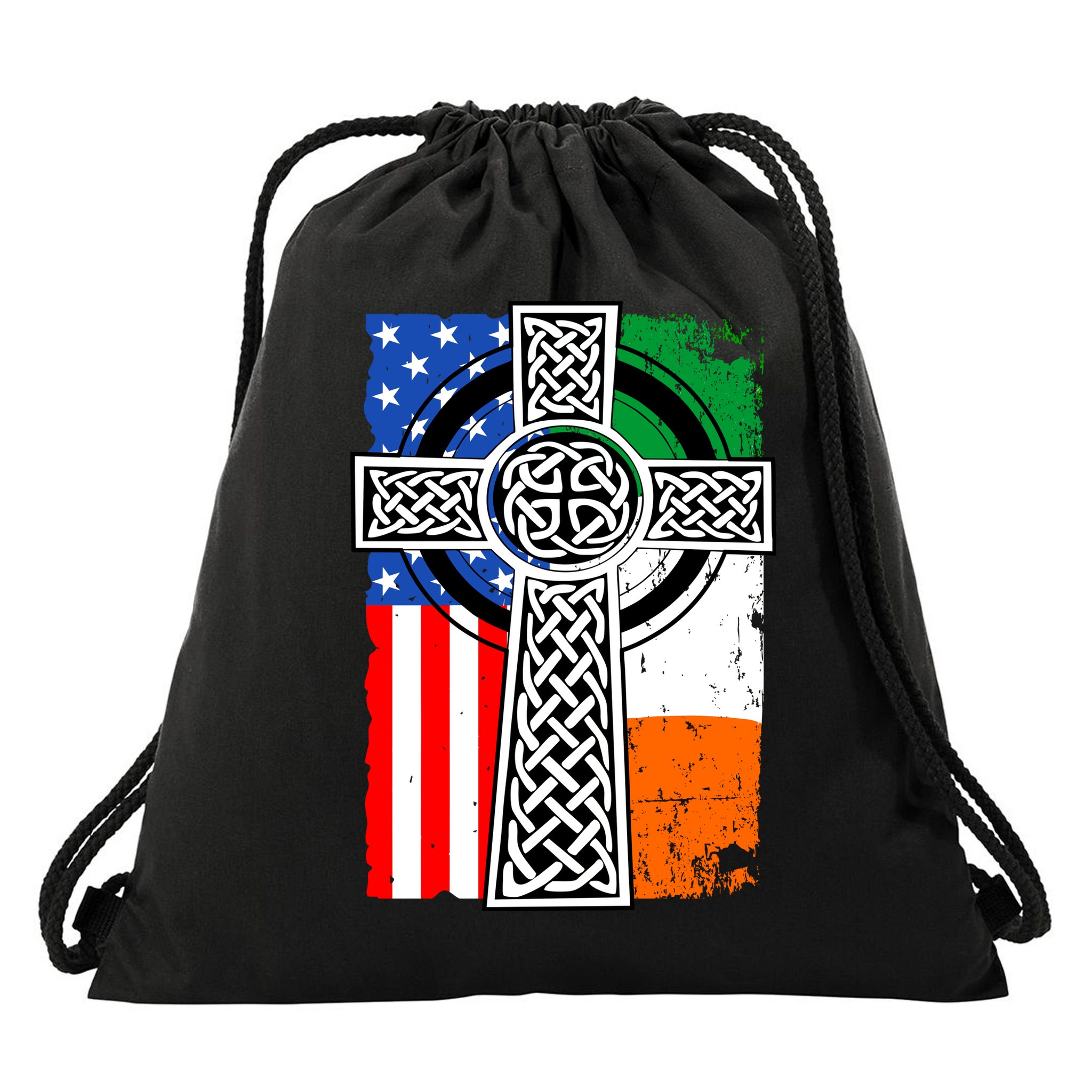Irish American USA Flag Celtic Cross St Patrick's Day Drawstring Bag