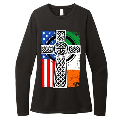 Irish American USA Flag Celtic Cross St Patrick's Day Womens CVC Long Sleeve Shirt