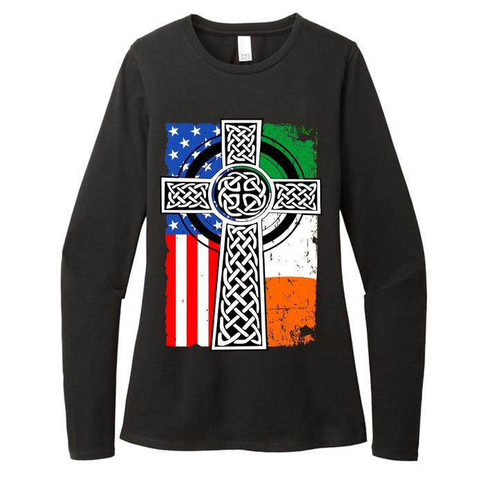 Irish American USA Flag Celtic Cross St Patrick's Day Womens CVC Long Sleeve Shirt