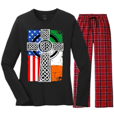 Irish American USA Flag Celtic Cross St Patrick's Day Women's Long Sleeve Flannel Pajama Set 