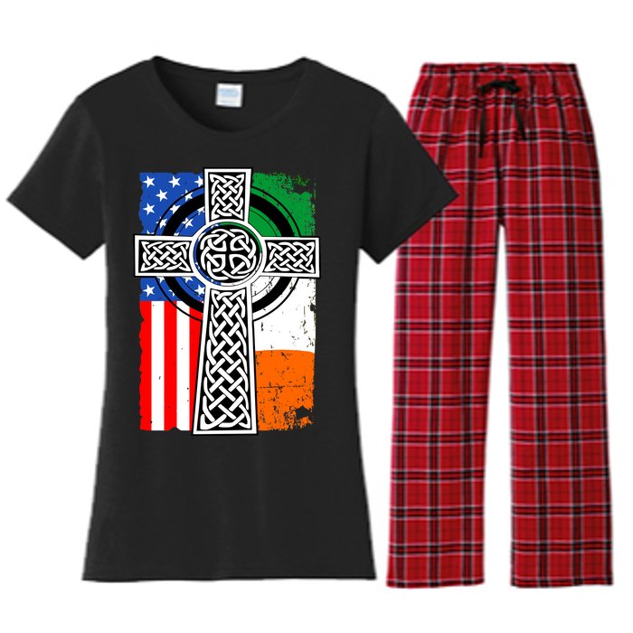 Irish American USA Flag Celtic Cross St Patrick's Day Women's Flannel Pajama Set