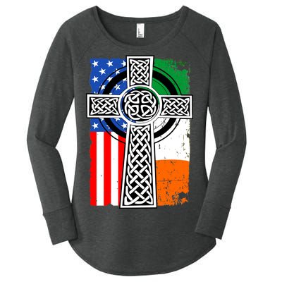 Irish American USA Flag Celtic Cross St Patrick's Day Women's Perfect Tri Tunic Long Sleeve Shirt