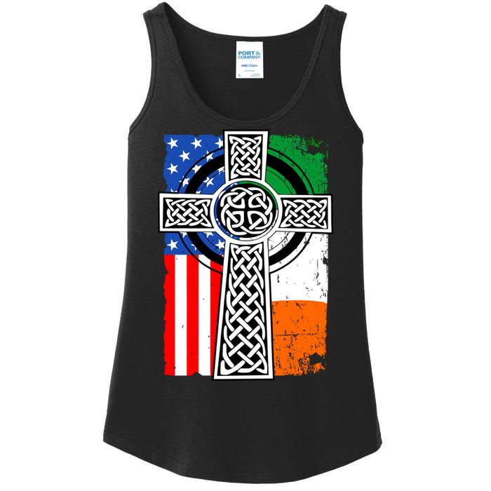 Irish American USA Flag Celtic Cross St Patrick's Day Ladies Essential Tank