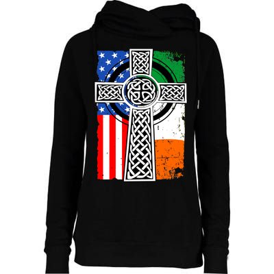 Irish American USA Flag Celtic Cross St Patrick's Day Womens Funnel Neck Pullover Hood