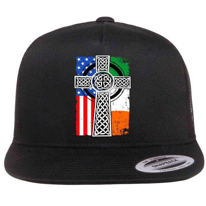 Irish American USA Flag Celtic Cross St Patrick's Day Flat Bill Trucker Hat