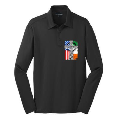 Irish American USA Flag Celtic Cross St Patrick's Day Silk Touch Performance Long Sleeve Polo