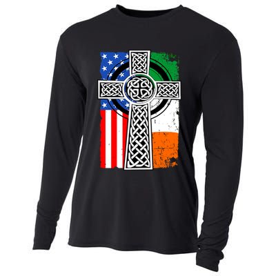 Irish American USA Flag Celtic Cross St Patrick's Day Cooling Performance Long Sleeve Crew
