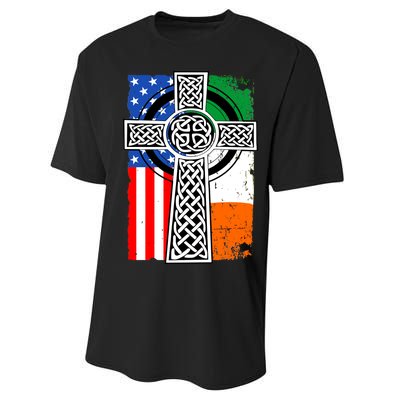 Irish American USA Flag Celtic Cross St Patrick's Day Performance Sprint T-Shirt