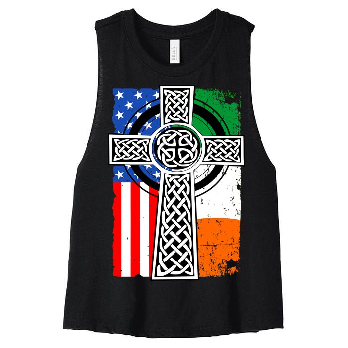 Irish American USA Flag Celtic Cross St Patrick's Day Women's Racerback Cropped Tank