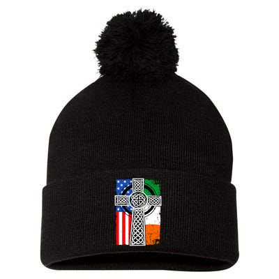 Irish American USA Flag Celtic Cross St Patrick's Day Pom Pom 12in Knit Beanie