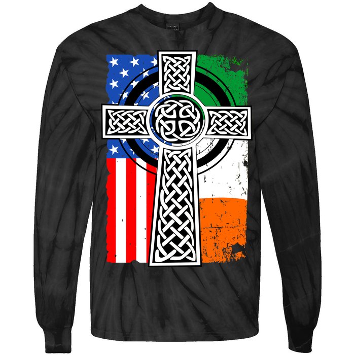 Irish American USA Flag Celtic Cross St Patrick's Day Tie-Dye Long Sleeve Shirt