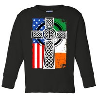 Irish American USA Flag Celtic Cross St Patrick's Day Toddler Long Sleeve Shirt