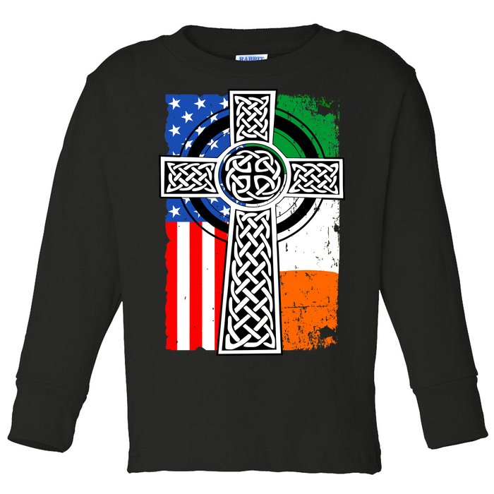 Irish American USA Flag Celtic Cross St Patrick's Day Toddler Long Sleeve Shirt