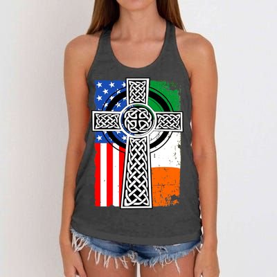 Irish American USA Flag Celtic Cross St Patrick's Day Women's Knotted Racerback Tank