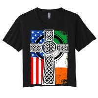 Irish American USA Flag Celtic Cross St Patrick's Day Women's Crop Top Tee