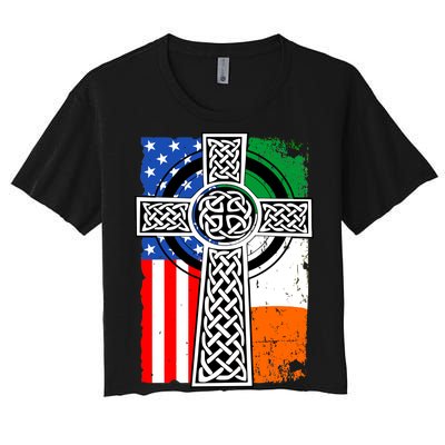 Irish American USA Flag Celtic Cross St Patrick's Day Women's Crop Top Tee