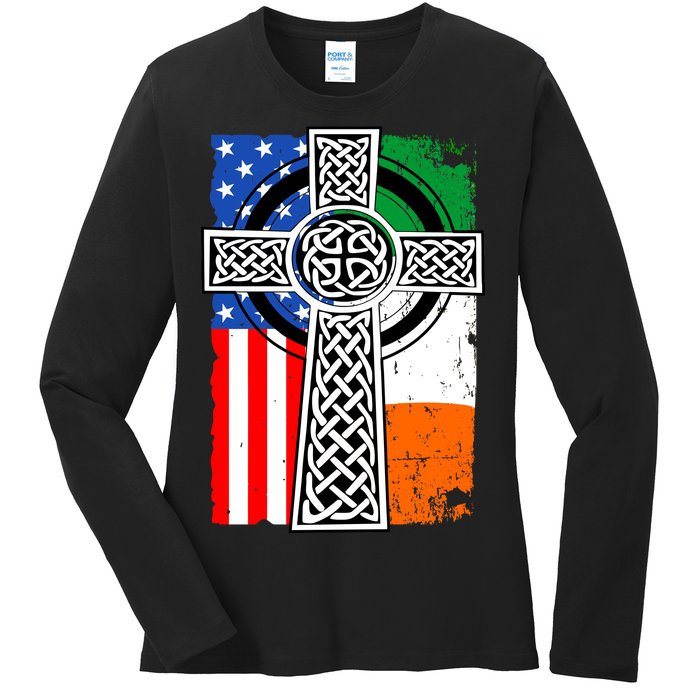 Irish American USA Flag Celtic Cross St Patrick's Day Ladies Long Sleeve Shirt