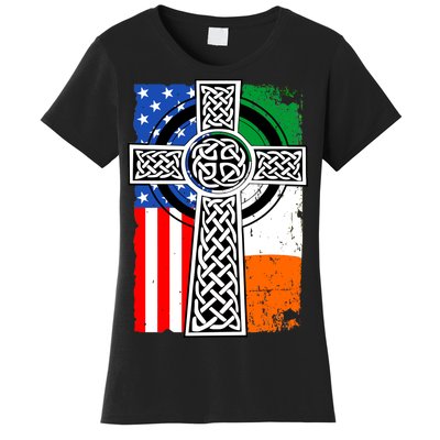 Irish American USA Flag Celtic Cross St Patrick's Day Women's T-Shirt