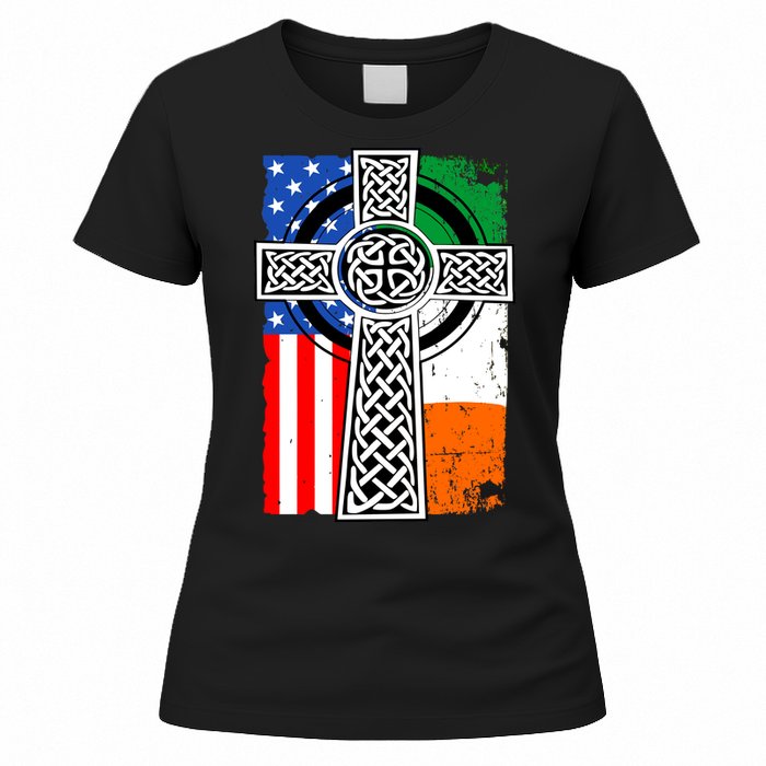 Irish American USA Flag Celtic Cross St Patrick's Day Women's T-Shirt