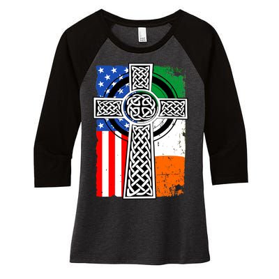 Irish American USA Flag Celtic Cross St Patrick's Day Women's Tri-Blend 3/4-Sleeve Raglan Shirt