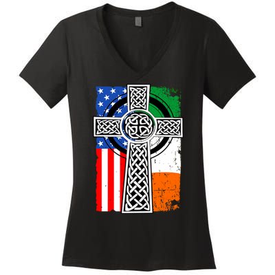 Irish American USA Flag Celtic Cross St Patrick's Day Women's V-Neck T-Shirt