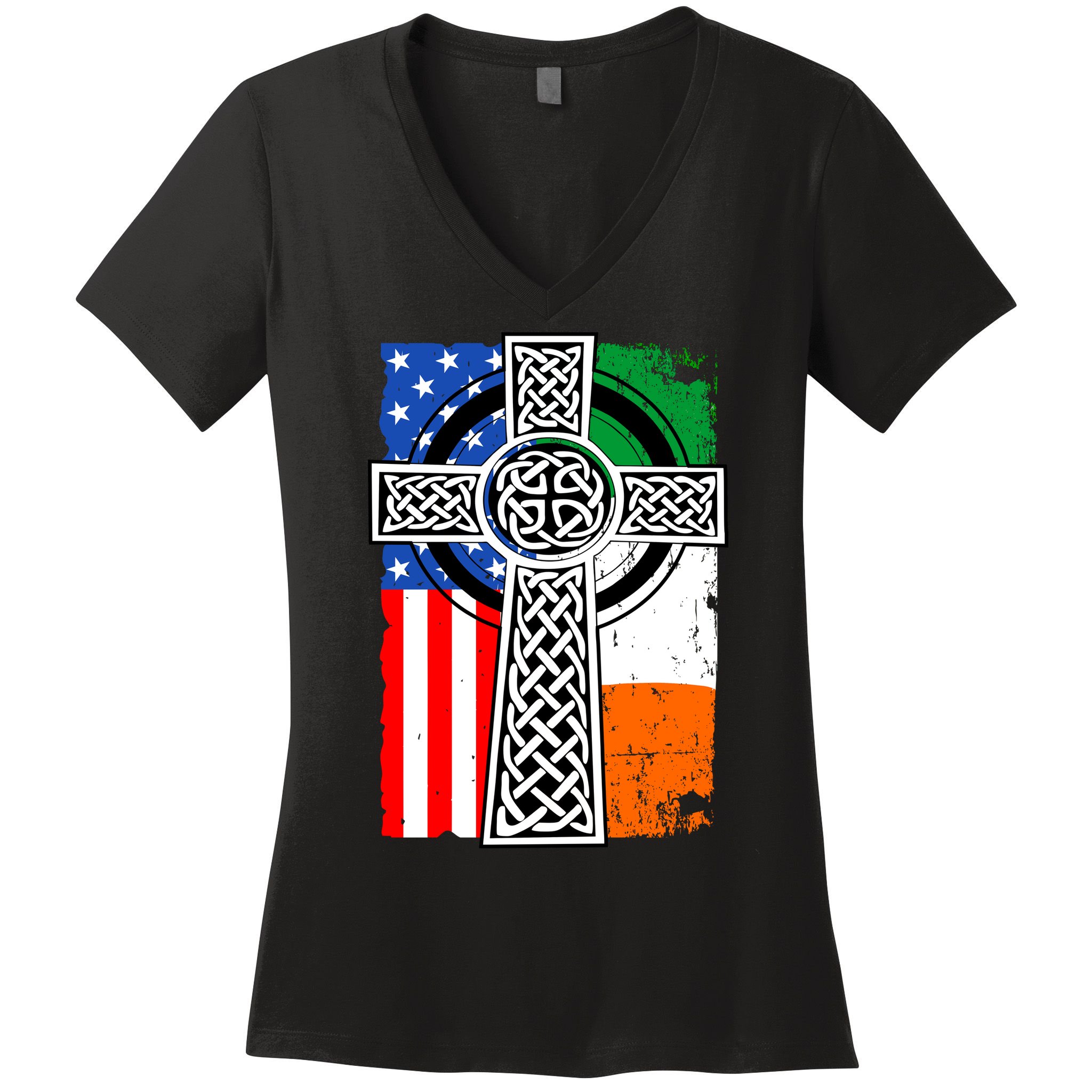 Irish American USA Flag Celtic Cross St Patrick's Day Women's V-Neck T-Shirt
