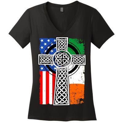 Irish American USA Flag Celtic Cross St Patrick's Day Women's V-Neck T-Shirt