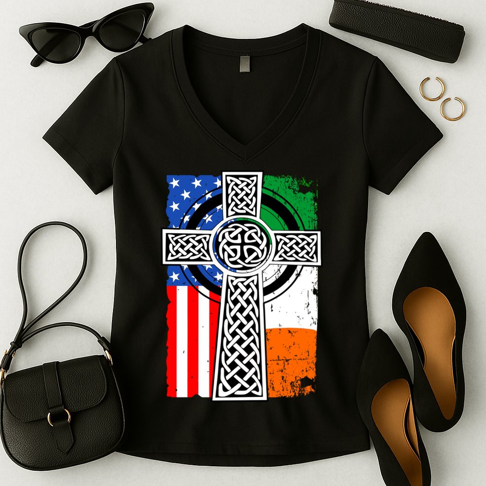 Irish American USA Flag Celtic Cross St Patrick's Day Women's V-Neck T-Shirt