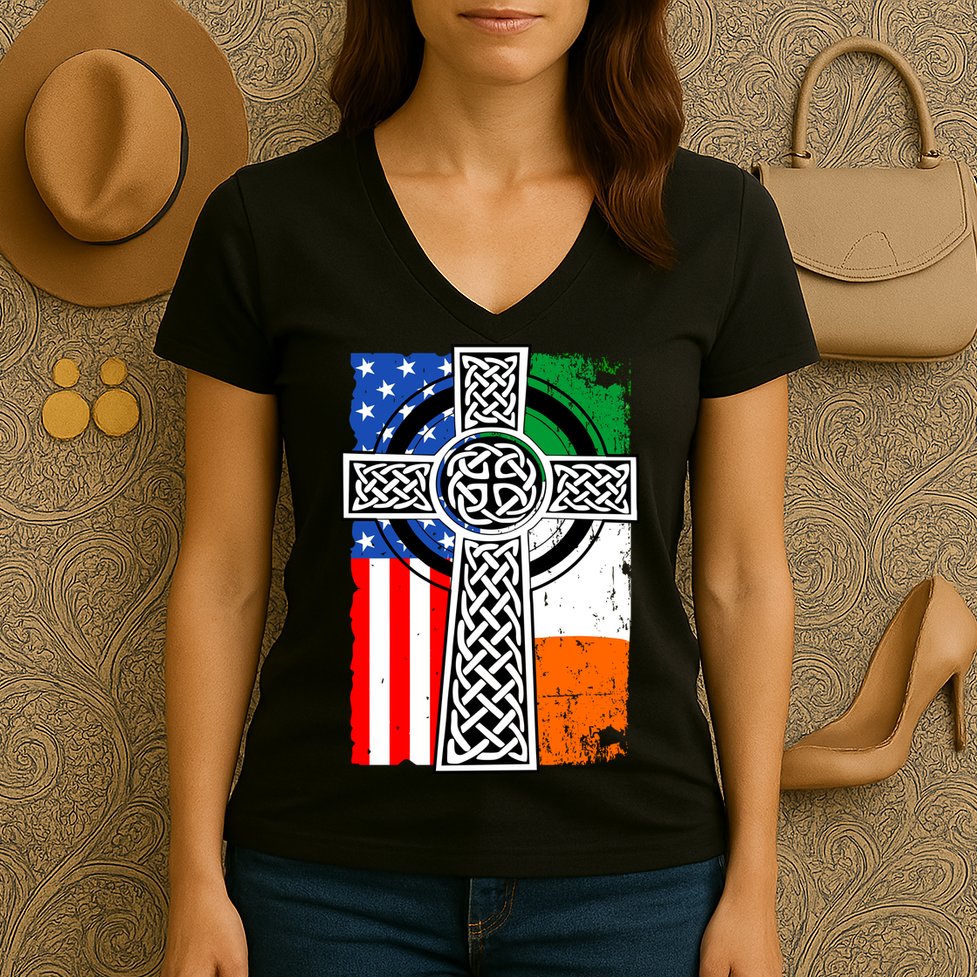 Irish American USA Flag Celtic Cross St Patrick's Day Women's V-Neck T-Shirt