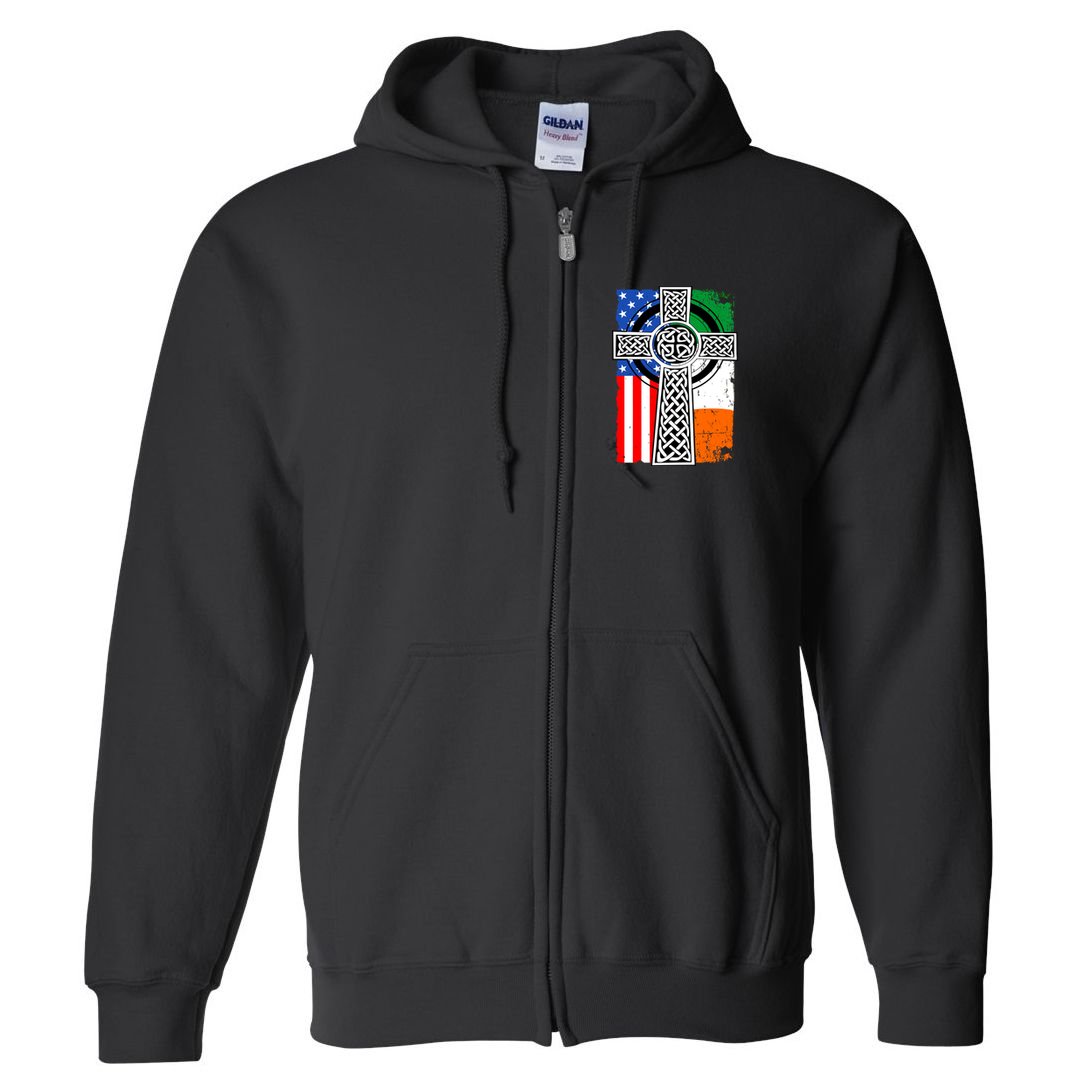 Irish American USA Flag Celtic Cross St Patrick's Day Full Zip Hoodie