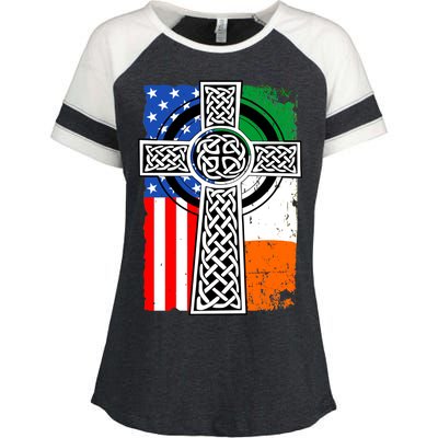 Irish American USA Flag Celtic Cross St Patrick's Day Enza Ladies Jersey Colorblock Tee