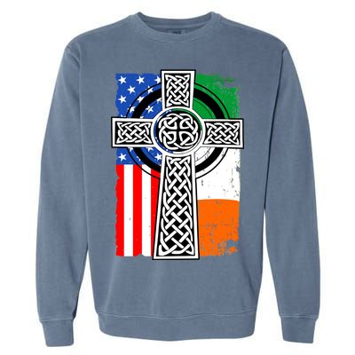 Irish American USA Flag Celtic Cross St Patrick's Day Garment-Dyed Sweatshirt