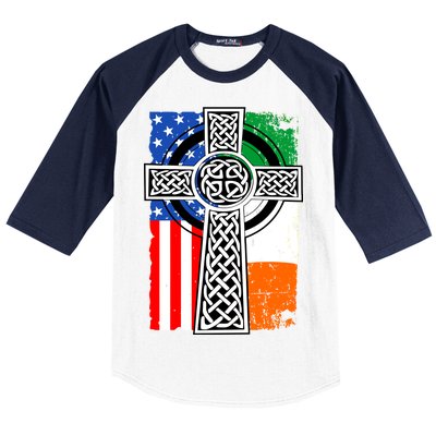 Irish American USA Flag Celtic Cross St Patrick's Day Baseball Sleeve Shirt