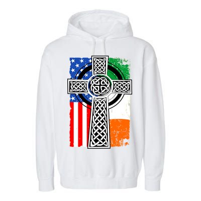 Irish American USA Flag Celtic Cross St Patrick's Day Garment-Dyed Fleece Hoodie