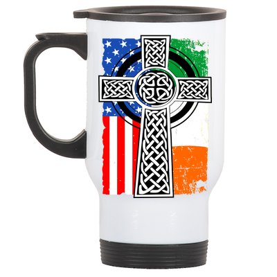 Irish American USA Flag Celtic Cross St Patrick's Day Stainless Steel Travel Mug