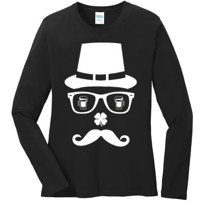Irish Beer Mustache St. Patrick's Day Face Ladies Long Sleeve Shirt