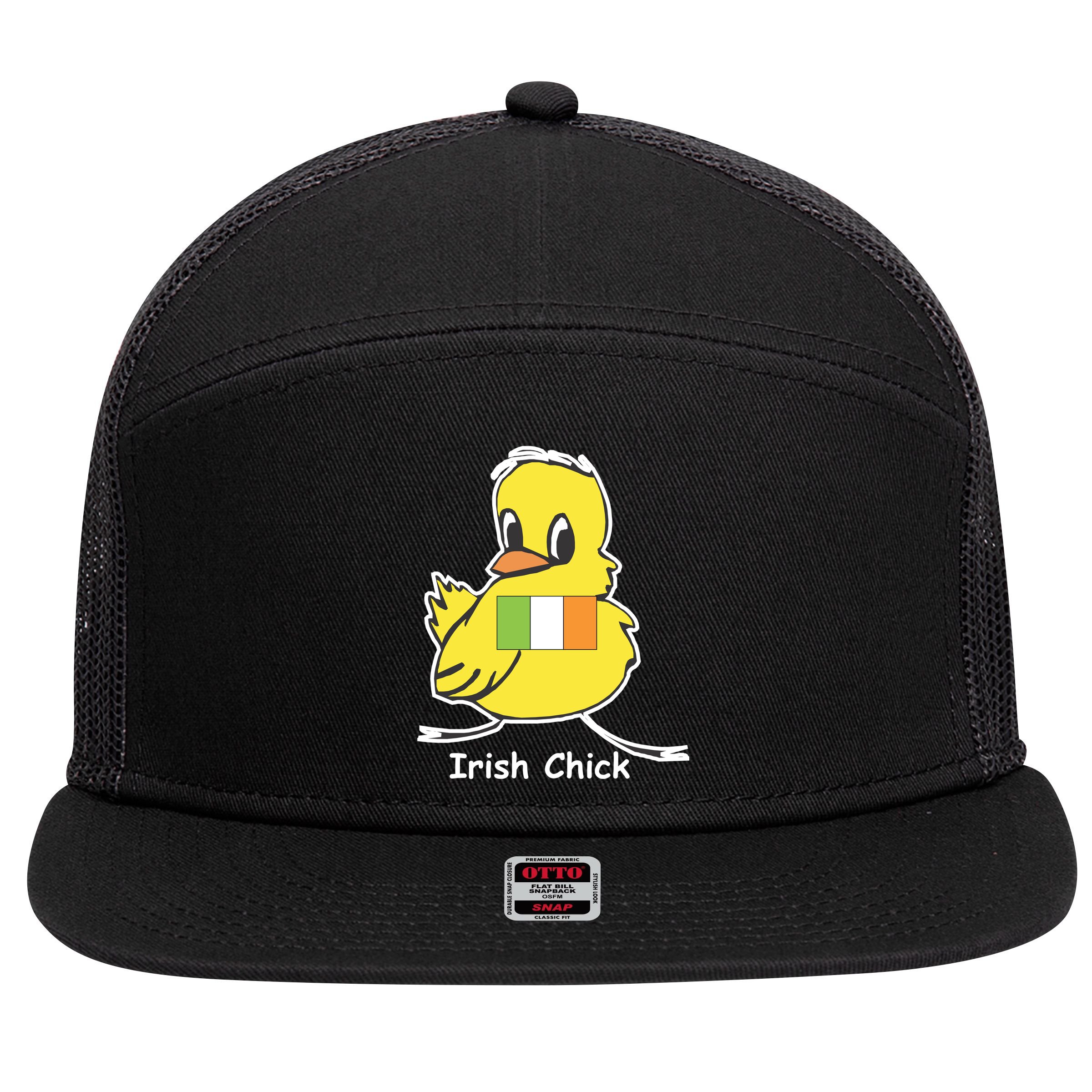 Irish Chick Cute Chicken With Flag 7 Panel Mesh Trucker Snapback Hat