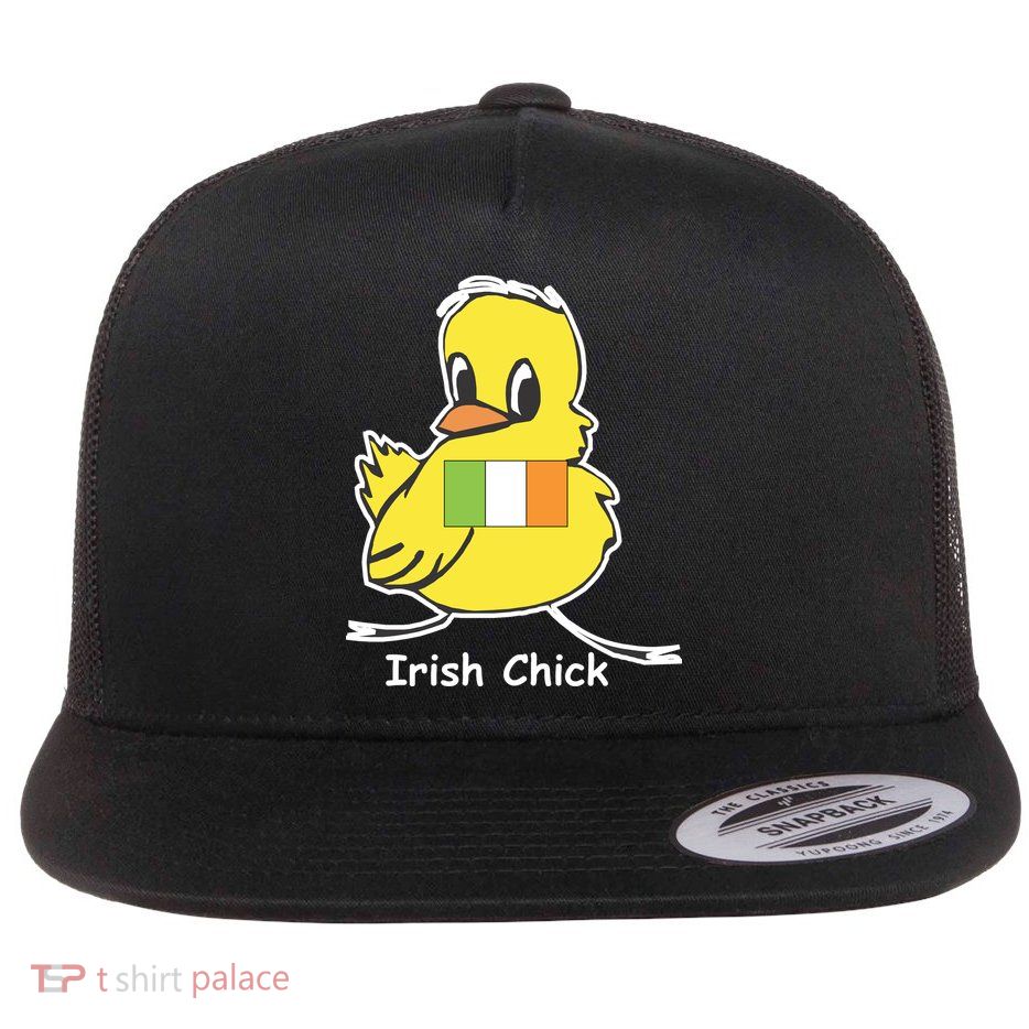 Irish Chick Cute Chicken With Flag Flat Bill Trucker Hat