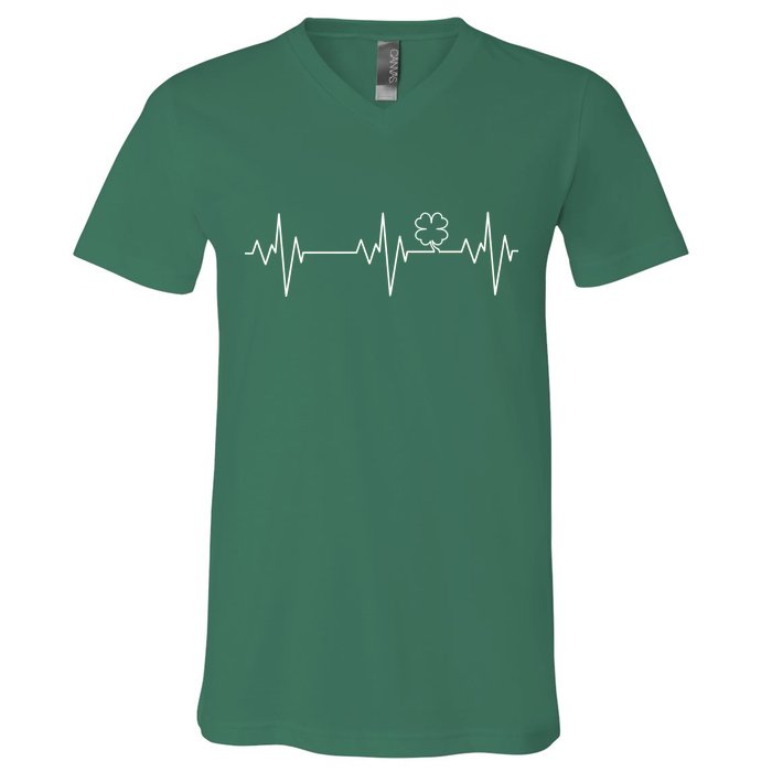 Irish Clover Heartbeat Funny St. Patrick's Day V-Neck T-Shirt