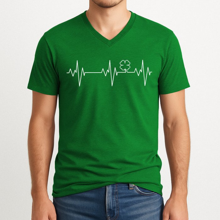 Irish Clover Heartbeat Funny St. Patrick's Day V-Neck T-Shirt