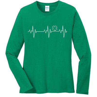 Irish Clover Heartbeat Funny St. Patrick's Day Ladies Long Sleeve Shirt