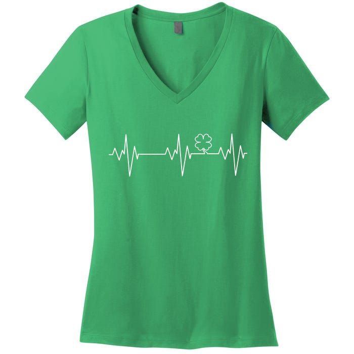 Irish Clover Heartbeat Funny St. Patrick's Day Women's V-Neck T-Shirt