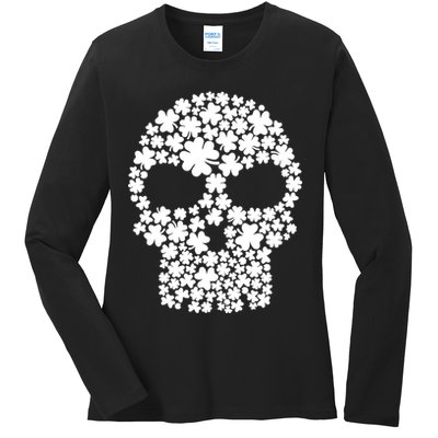 Irish Clovers St. Patrick's Day Skull Ladies Long Sleeve Shirt
