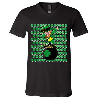 Irish Dabbing Leprechaun Shamrocks Funny Dab St. Patrick's Day V-Neck T-Shirt
