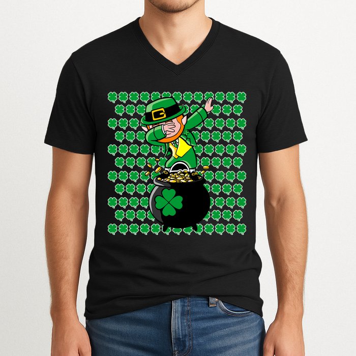 Irish Dabbing Leprechaun Shamrocks Funny Dab St. Patrick's Day V-Neck T-Shirt