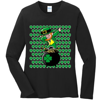 Irish Dabbing Leprechaun Shamrocks Funny Dab St. Patrick's Day Ladies Long Sleeve Shirt